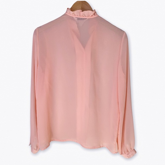 Vintage 70’s Kay Kerr Ruffled Sheer Pink Tie Neck Long Sleeve Shirt Fits Size M - Picture 3 of 10